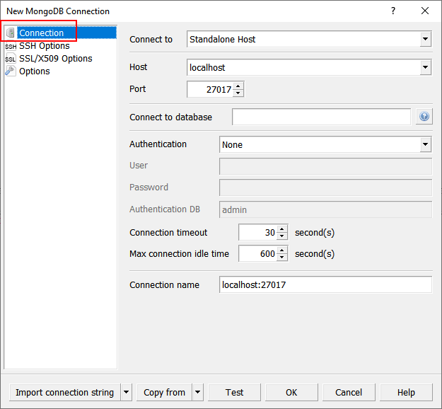 NoSQL Manager for MongoDB: New MongoDB Connection dialog