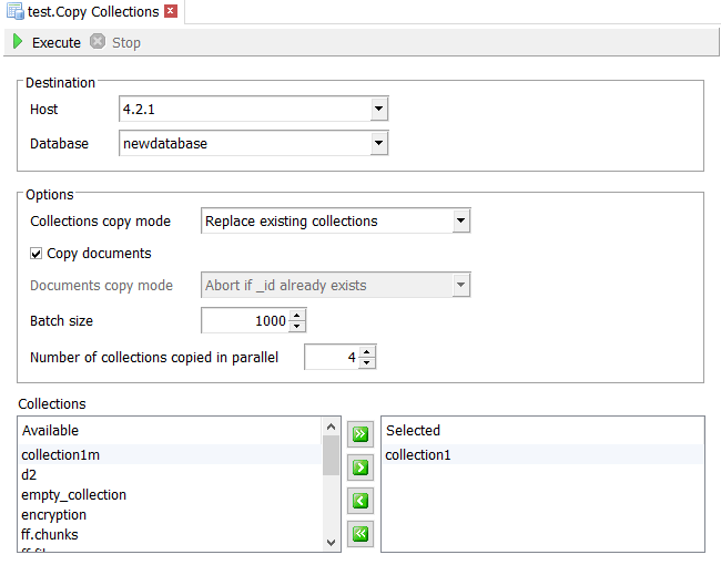 Destination database and optional performance parameters