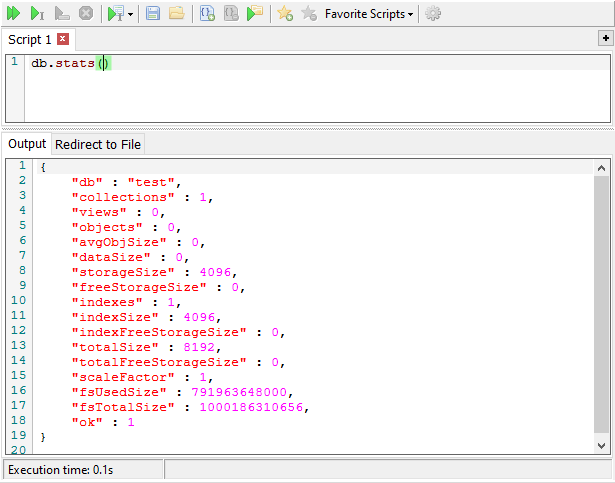 Shell: db.stats() test database command result