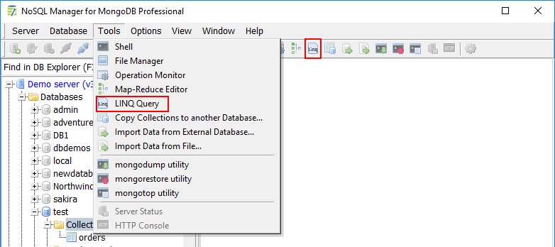 NoSQL Manager for MongoDB: Choose Toolbar|Tools|LINQ Query